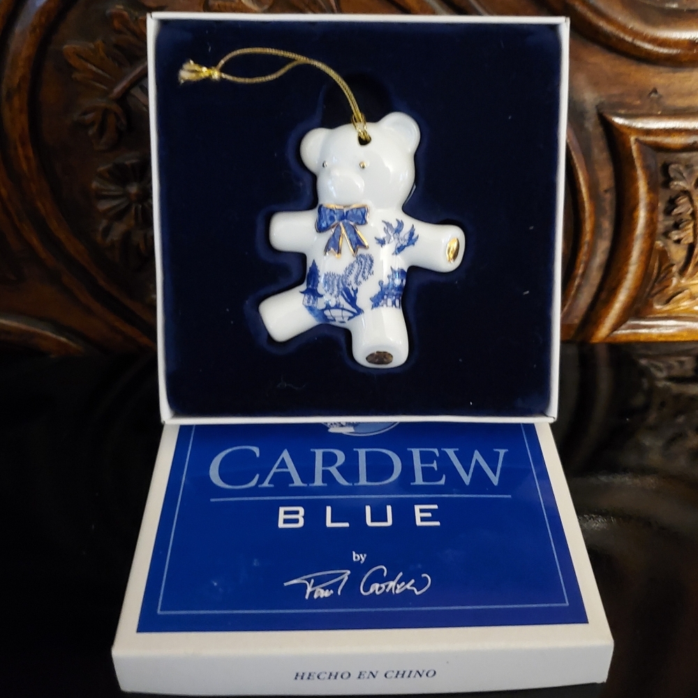 1999 Porcelain Cardew Blue 3" Teddy Bear🧸Ornament Gold Accent Boxed